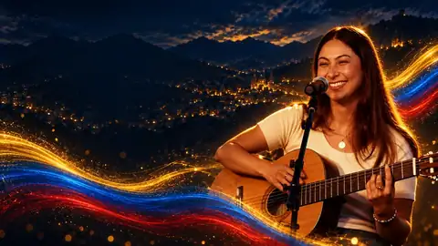 Majo Insuasti performing with guitar against the For Pereira. For Colombia. campaign artwork